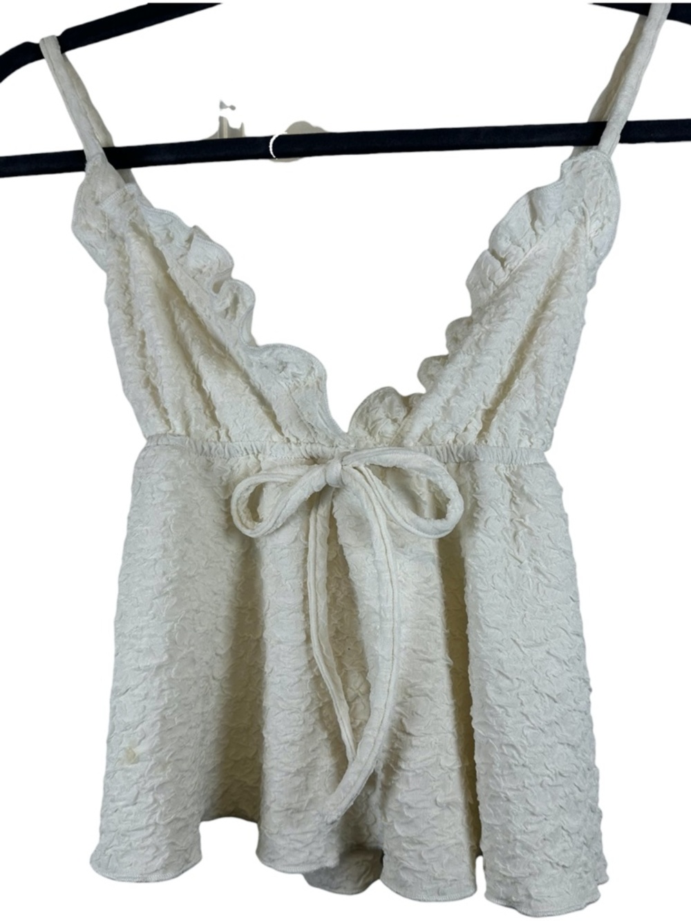 Princess Polly Style Ivory Textured Babydoll Crop Top Ruffle Bow Small